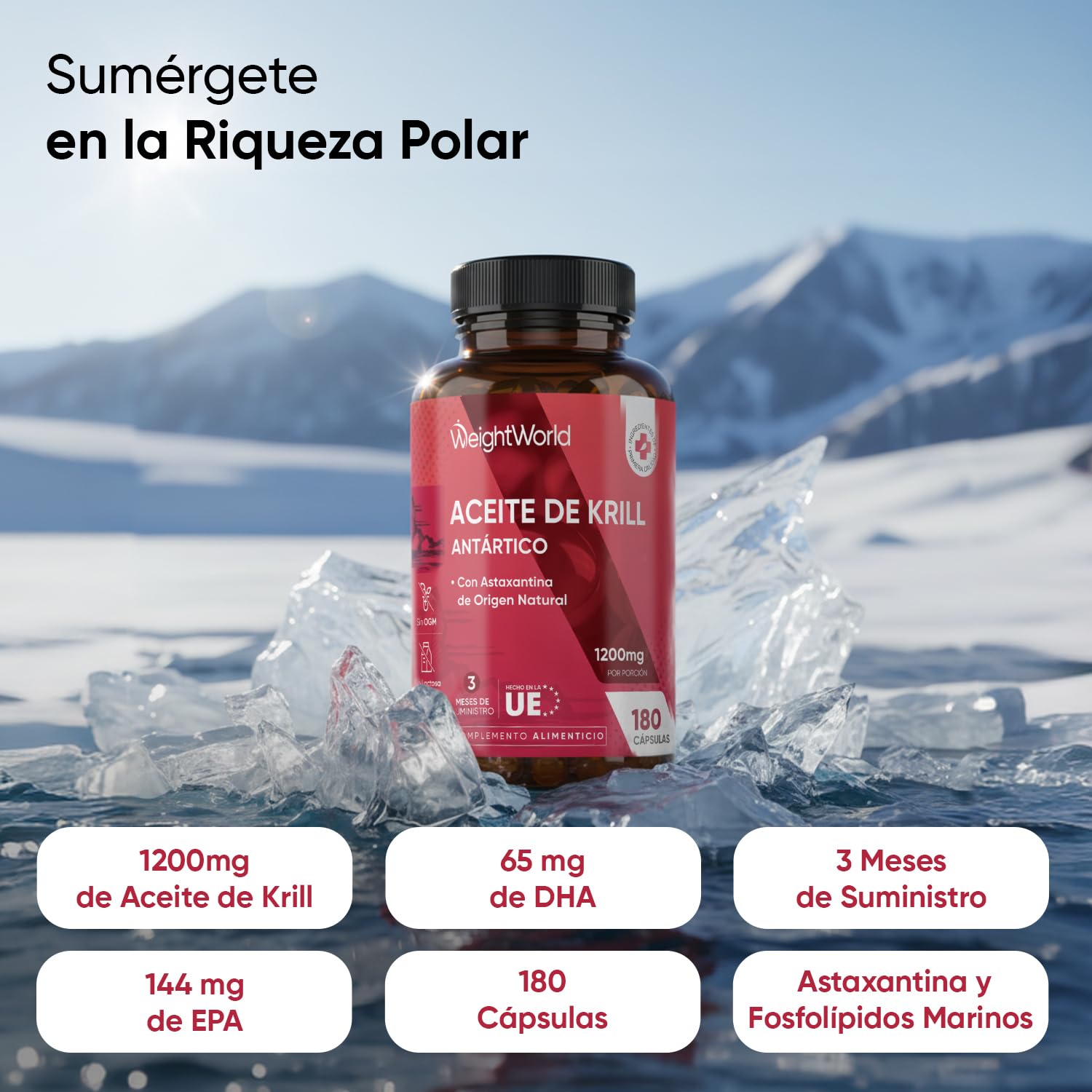 Aceite de Krill Omega 3 del Antártico 1200mg, 180 Cápsulas Blandas de Fuente de Omega 3 de Krill (DHA y EPA) - Astaxantina Natural y Fosfolípidos Marinos, Alternativa al Aceite de Pescado para 3 Meses