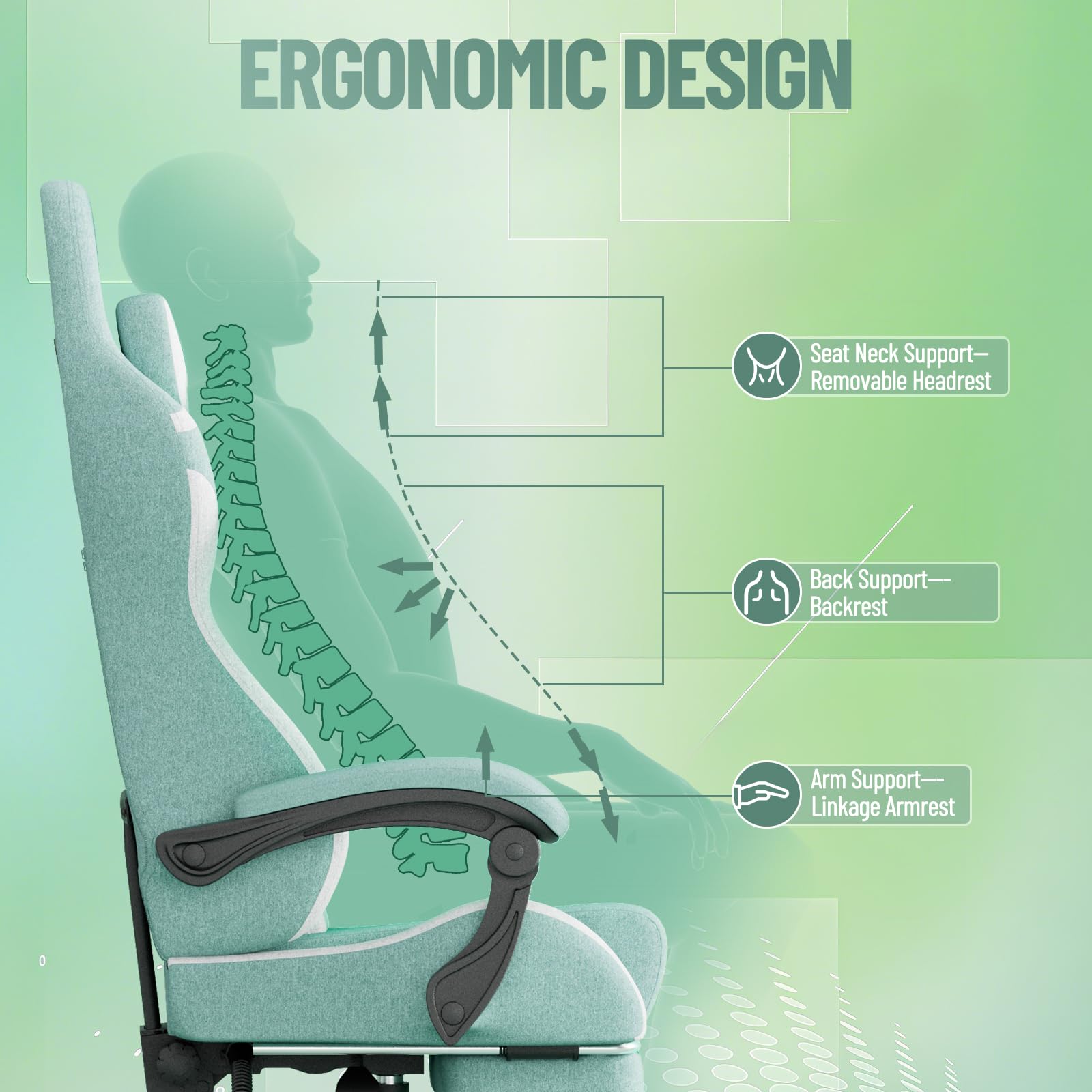 Chaise de Gaming Ergonomique avec Fonction Massage, Repose-Pieds, Oreiller Amovible, accoudoirs intégrés, Charge maximale : 110 kg, Chaise PC, pour Bureau et Maison, Verte