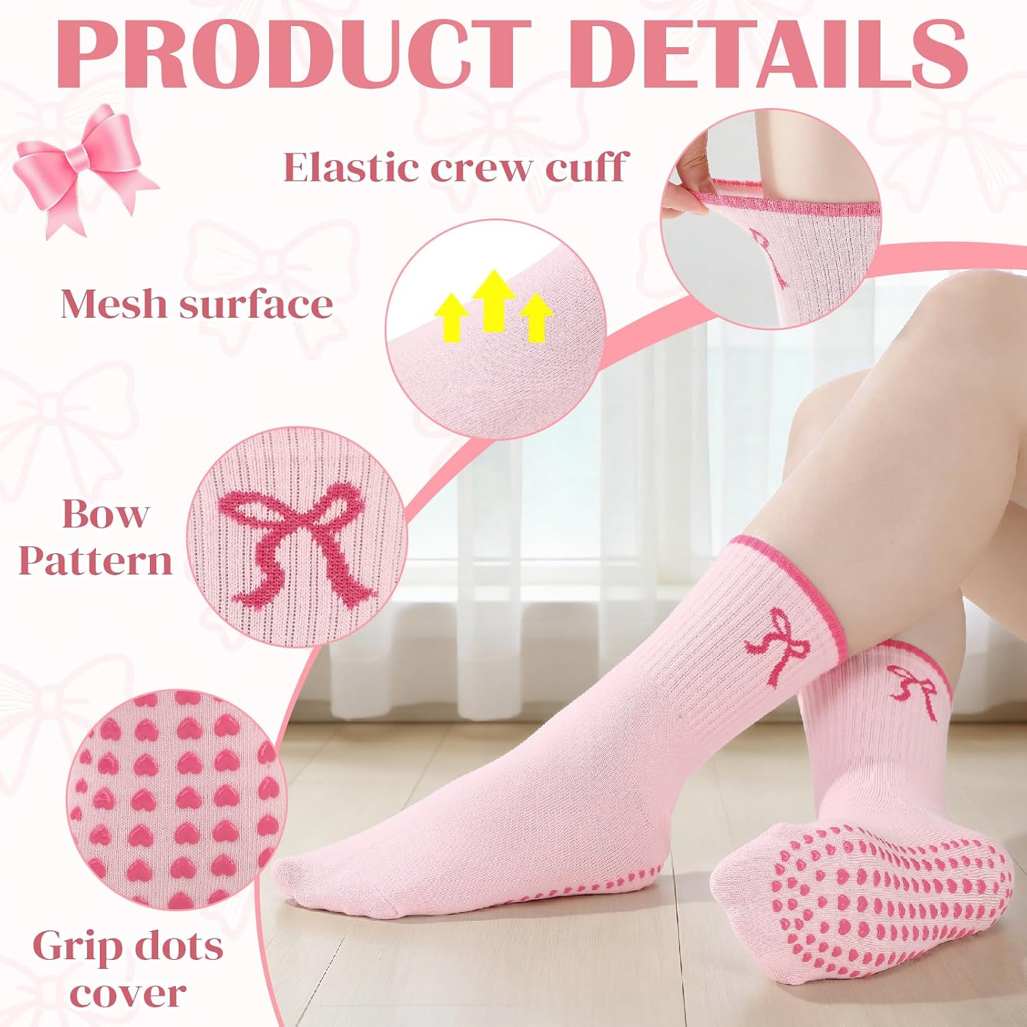 3/6 Pairs Cute Pilates Socks for Women, Ruffle Frilly Yoga Socks Non Slip Cotton Crew Ballet Socks with Embroidery