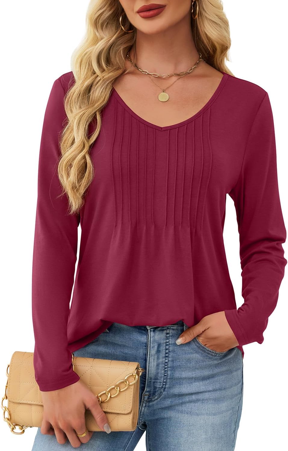 JUSTFASHIONNOW Long Sleeve Shirts for Women Dressy Casual Blouses Fall Tops Pleated V Neck Tunic Tops to Wear with Leggings - Image 5