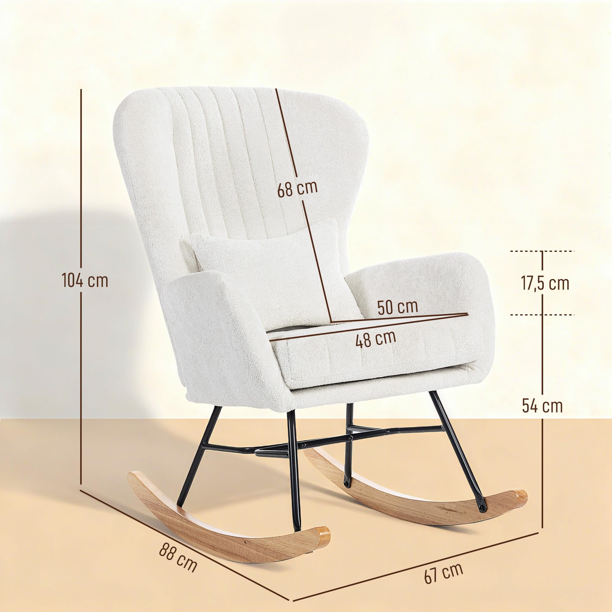 HOMCOM Fauteuil à Bascule, Rocking Chair en Velours, Chaise à Bascule avec Coussin, Assise rembourré, Dossier Haut, accoudoirs, Pieds en Acier et Base en Bois d'hévéa, pour Salon, Chambre, Blanc