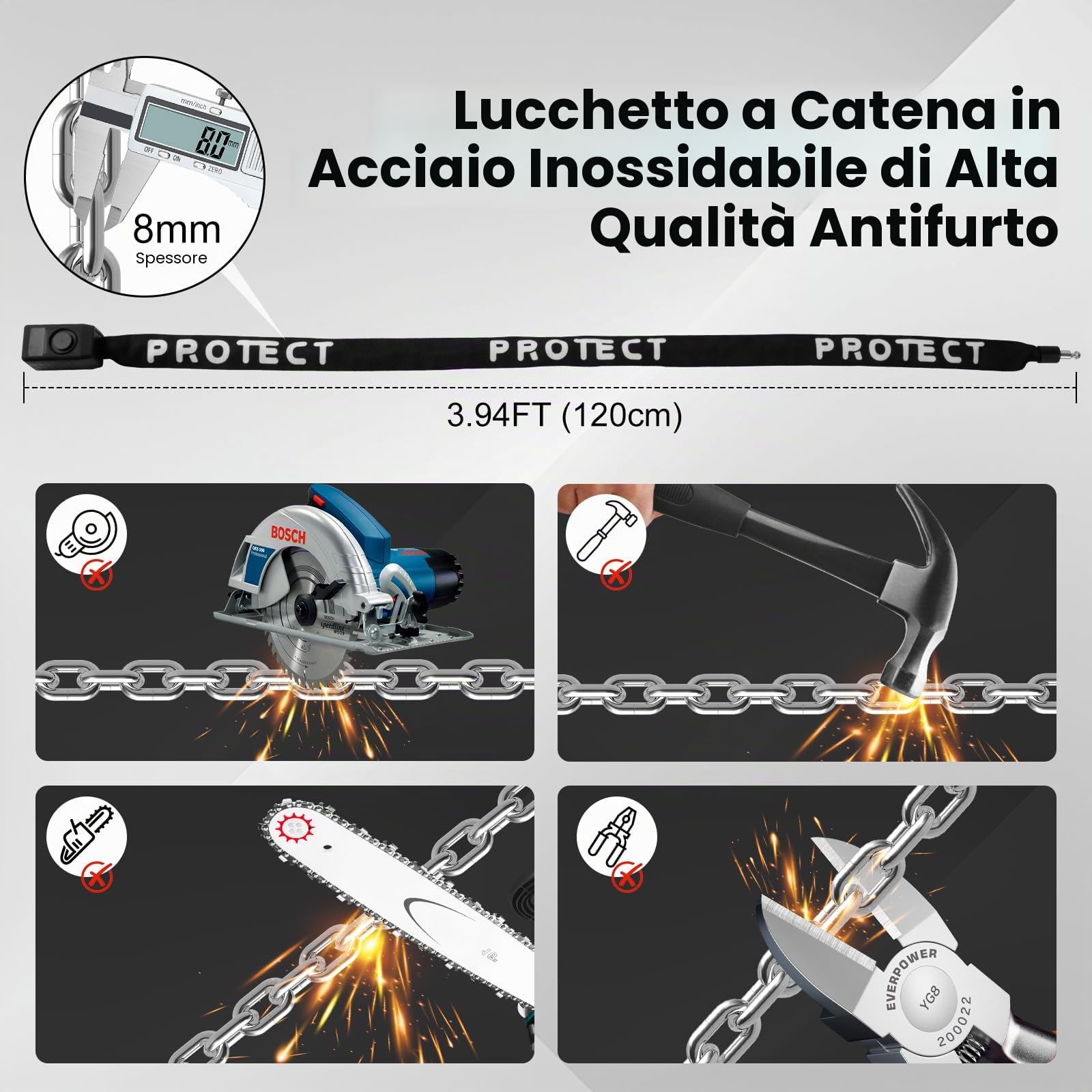 Bicicletta catena serratura cintura allarme - 110dB scooter allarme antifurto, 120cm lunghezza 8mm spessore catena antifurto con 3 chiavi, impermeabile, per biciclette, scooter, motociclette