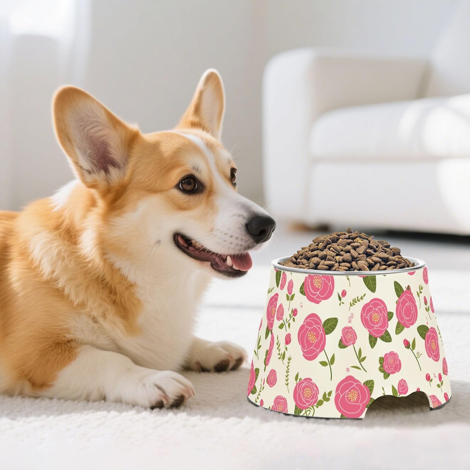 Simple Spring Rose Peach Raised Pets Food Bowls Non Skid Stainless Steel Cats Basic Bowls for Small Dogs Slow Down Eating