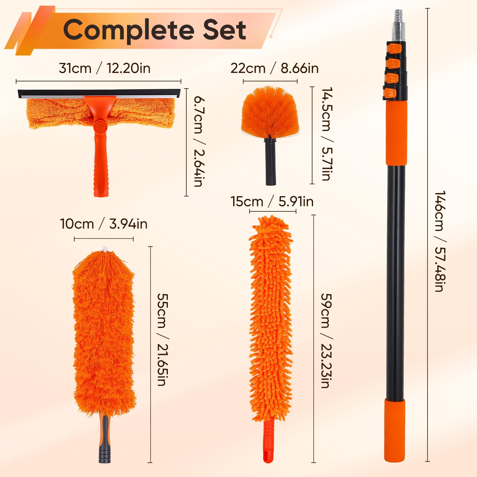 6M - Plumero telescópico 4 en 1 multifunción, lavable, varilla de limpieza extensible con cepillo de microfibra y limpiacristales, adecuado para techos altos, interior y exterior (6 m)
