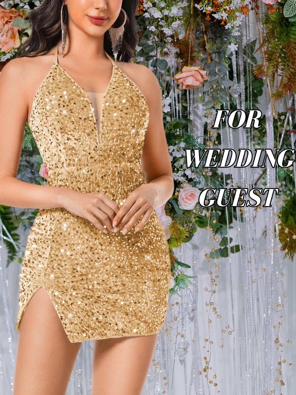 Sexy Sequin Dress for Women,Sparkly Glitter Velvet Mini Prom Dresses,Plunge Backless Club Outfit Cocktail Party - Image 6