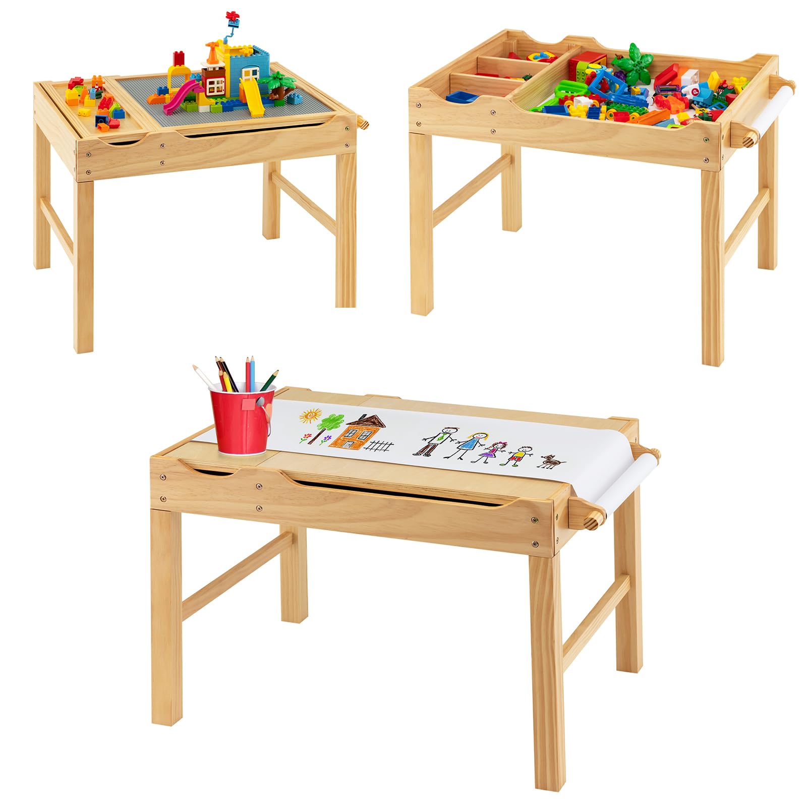 LIFEZEAL 2 en 1 Bureau à Dessin & Table de Blocs de Construction avec Espace de Rangement, Plateau Réversible, Rouleau de Papier, Table Multi-Activités en Bois pour Enfant 3 Ans+ (Naturel)