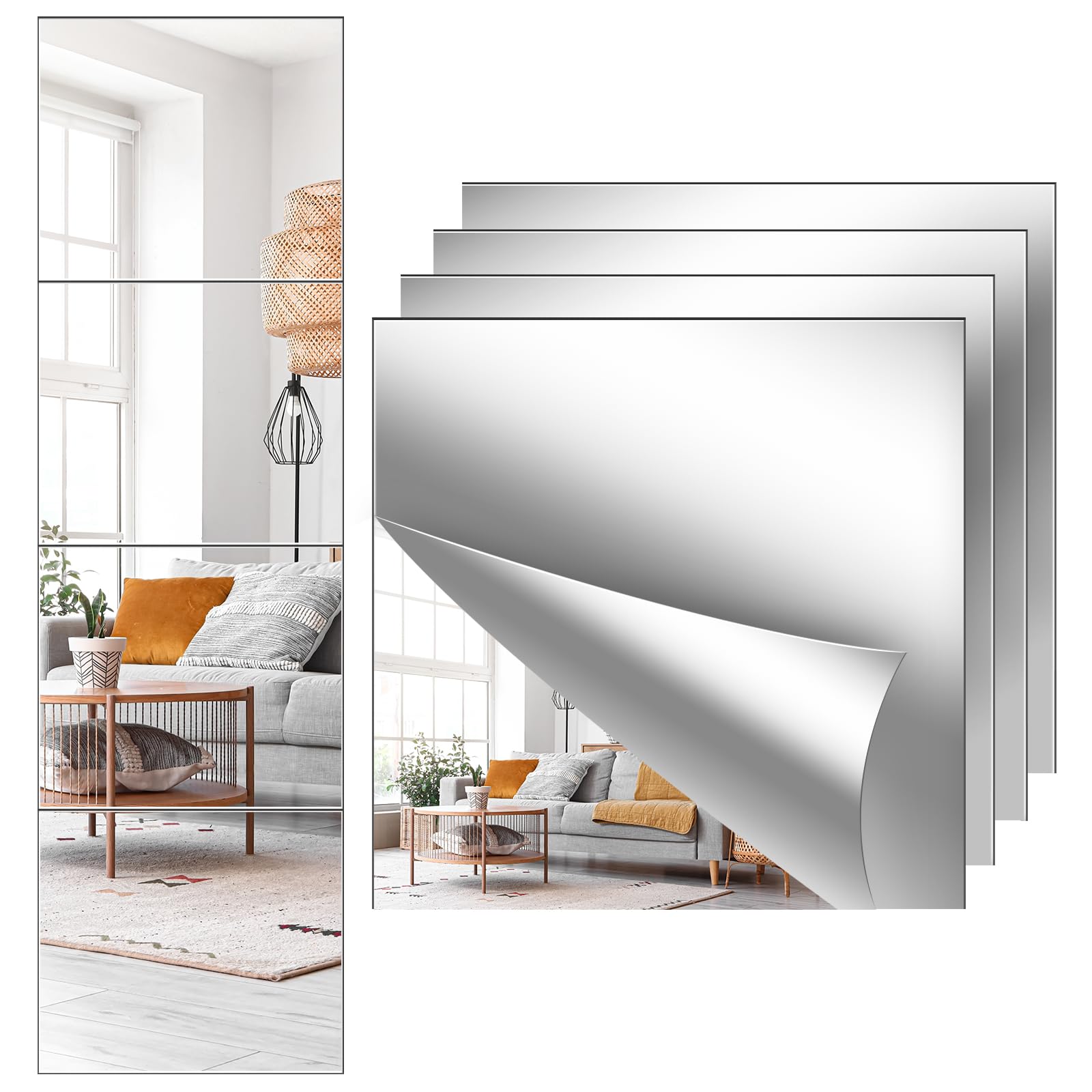 Acrylic Wall Mirror 4 Pack 12x12 Inch Frameless Modern Rectangular Shatterproof Full Length Bathroom Cabinet Mirror