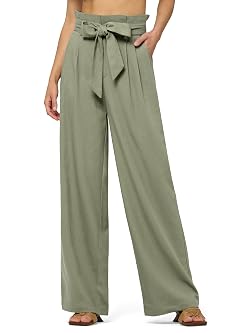 Willit Women Linen Pants Casual Wide Leg Dress Pants High Waisted Paperbag Work Trousers Summer Tie Knot Pockets