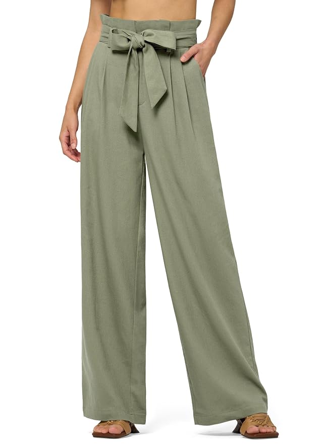 Willit Women Linen Pants Casual Wide Leg Dress Pants High Waisted Paperbag Work Trousers Summer Tie Knot Pockets