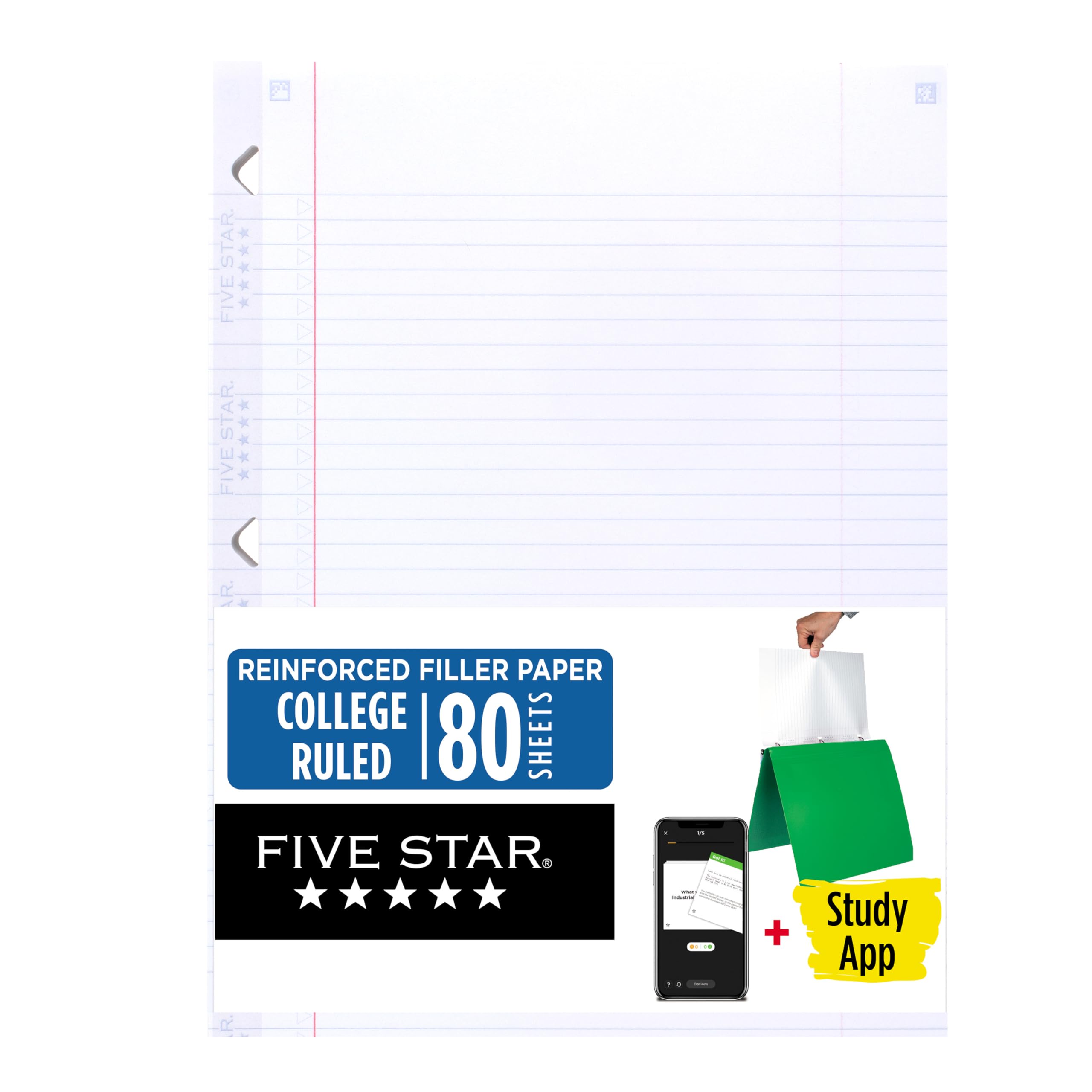 Five Star Loose Leaf Paper + Study App, College Ruled Filler Notebook Paper, Reinforced, Fights Ink Bleed, 8-1/2" x 11", 80 Sheets (170102)
