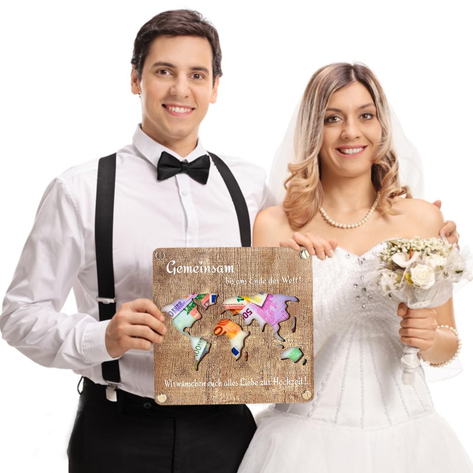 PIWOSGOL Regalo Originale Per Matrimonio – Mappamondo In Legno Porta Soldi – 16x16 Cm – Personalizzabile Con Incisione