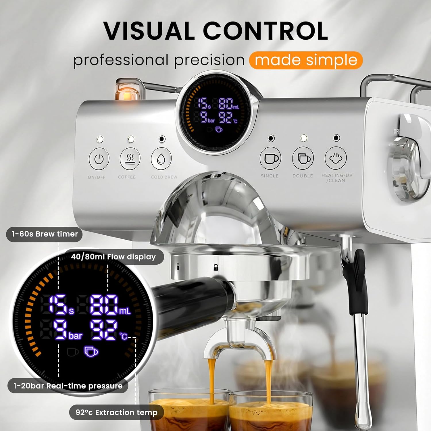 COWSAR Espresso Machine, 20 Bar Espresso Maker with Milk Frother Steam Wand, LED Display, Home Barista Machine for Latte & Cappuccino