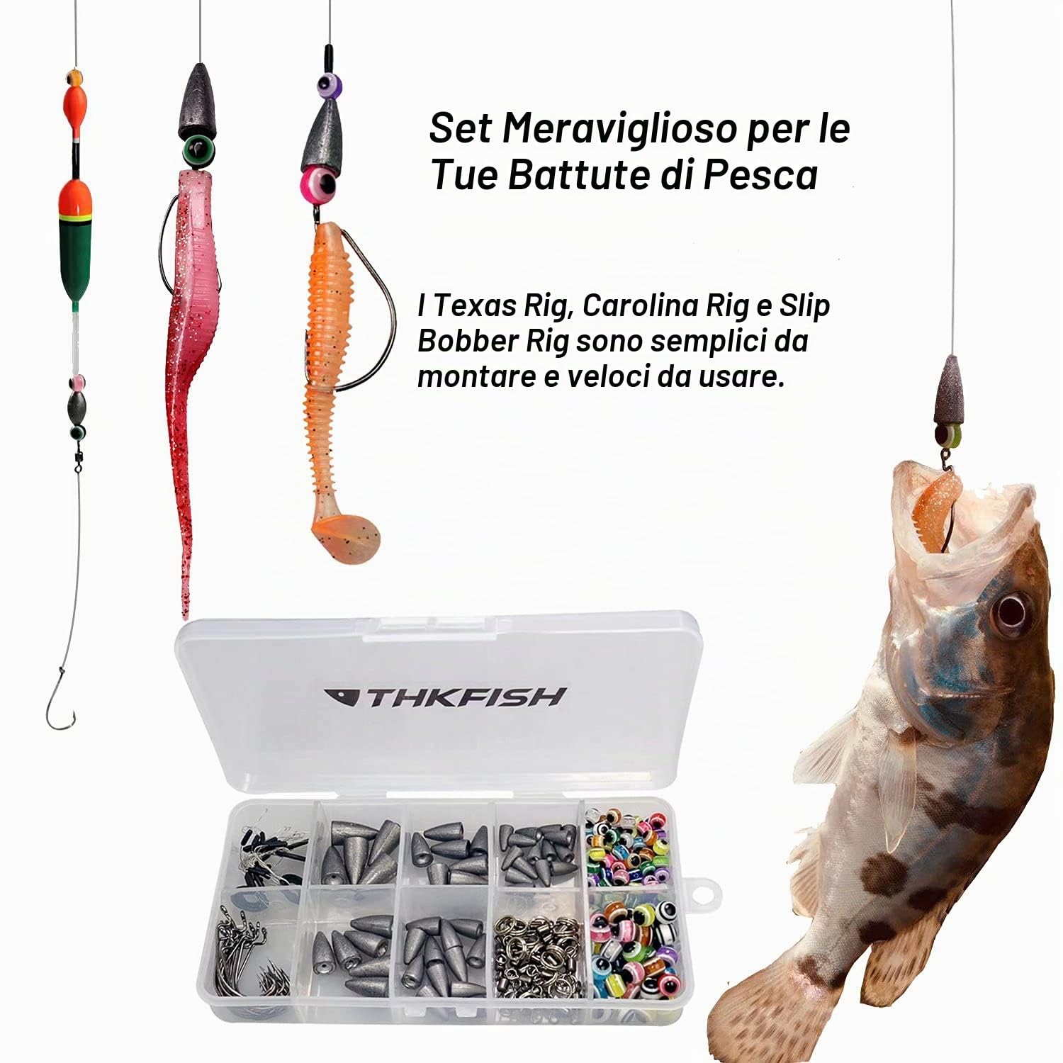 THKFISH Piombi da Pesca Accessori Pesca Texas Rig,Carolina Rig,Ami da pesca,Bobber Stopper,perline pesca,Anelli di pesca,Girelle da Pesca 64pezzi/219pezzi/50pezzi