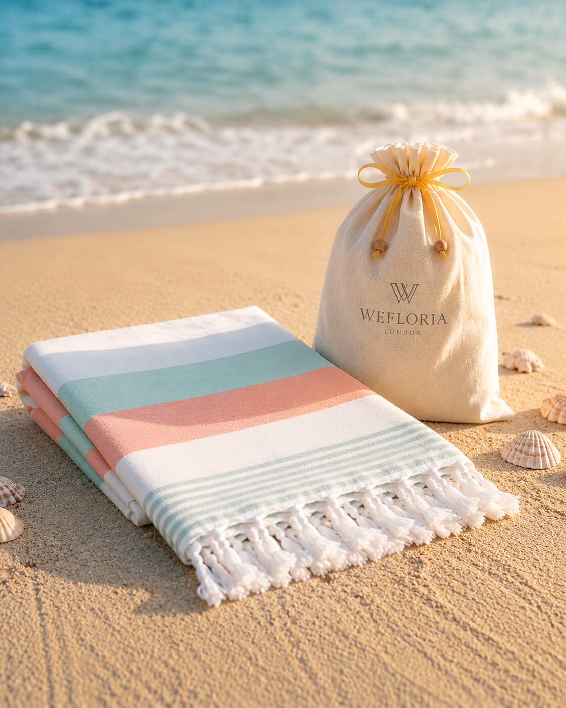 WEFLORIA Turkish Peshtemal Towel – Lightweight Quick Dry Beach & Spa Towel, Oversized Cotton Hammam Towel with Tassels – Travel, Pool, Bath, Sauna – Blue/Beige/Orange (Green)