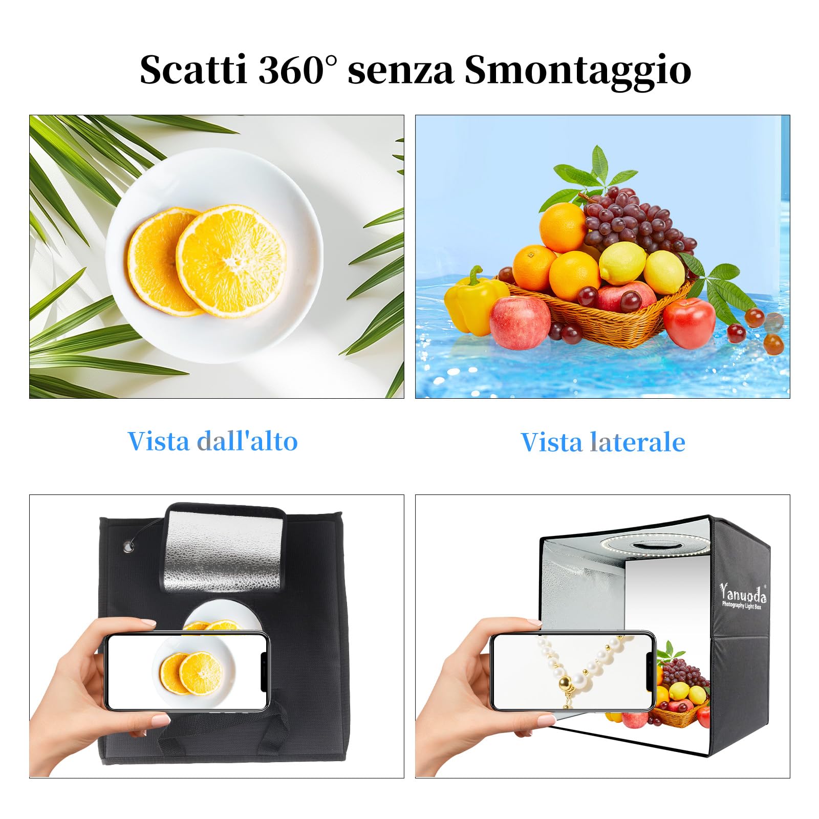 Scatola Luce Fotografica Portatile 30x30cm | 120 LED Regolabili (Luce Bianca/Fredda/Calda) | 6 Sfondi PVC | Tenda Superiore per Gioielli | Kit Studio Fotografico Professionale