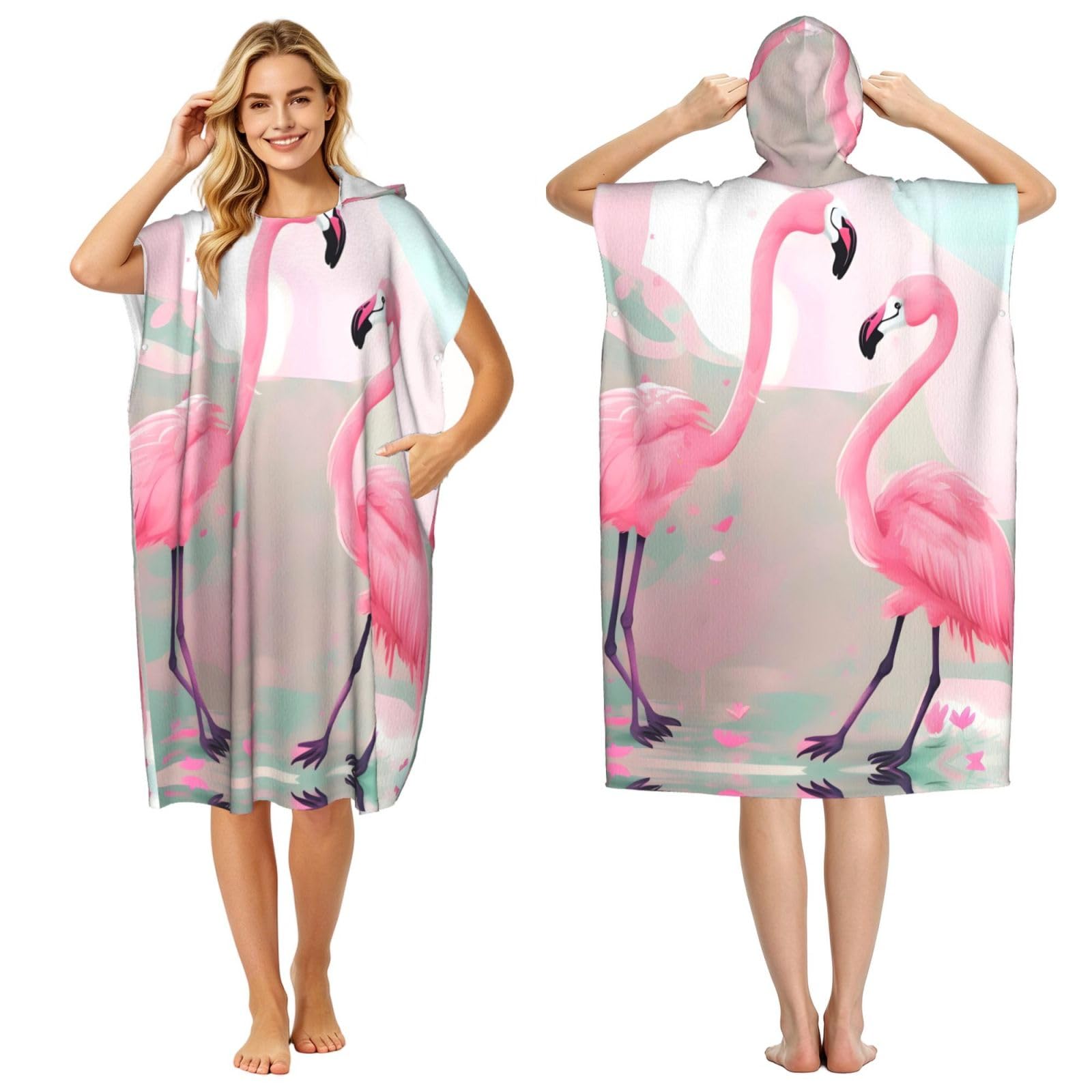 Zaixiansj 110cm Love Flamingo Print Adult Changing Robe Hooded Towel Poncho Surf Swim Beach Cover Up with Pockets
