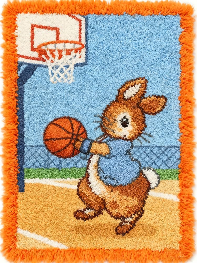 Kitquiver Large Latch Hook Kits For Adults, The Rabbit Playing Basketball 15X20in/52X38cm Rug Making Kit For Adults Beginners, Pre-Printed Pattern Rug Making Kit, Tapestry Kits Rug For Begin