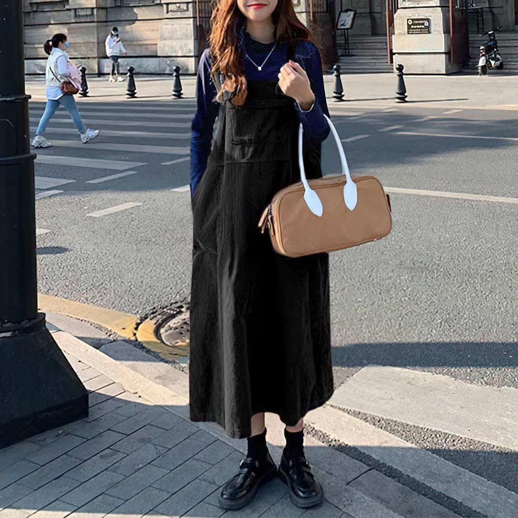 chouyatou Women's Cute Sleeveless Corduroy Jumper Dress Flare Midi Long Pinafore Dress with Pockets - Image 3