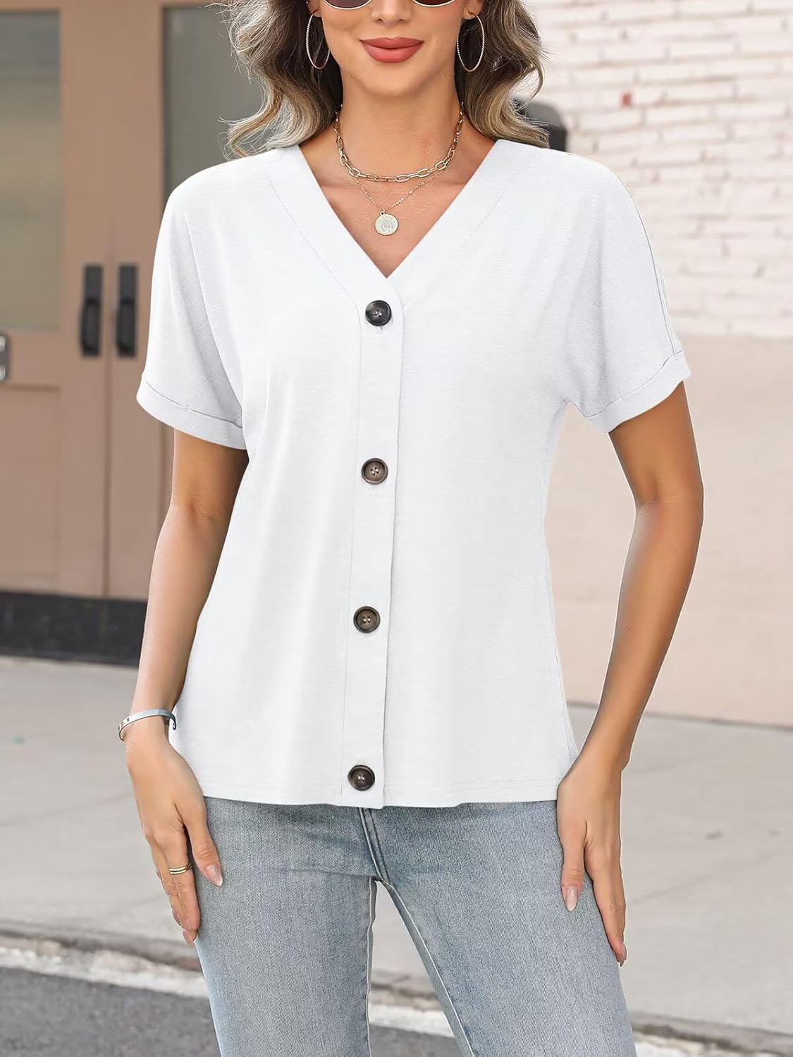 ORANDESIGNE Women's Short Sleeve V Neck Tops Casual Button Down Summer T Shirts Basic Ladies Tees - Image 5