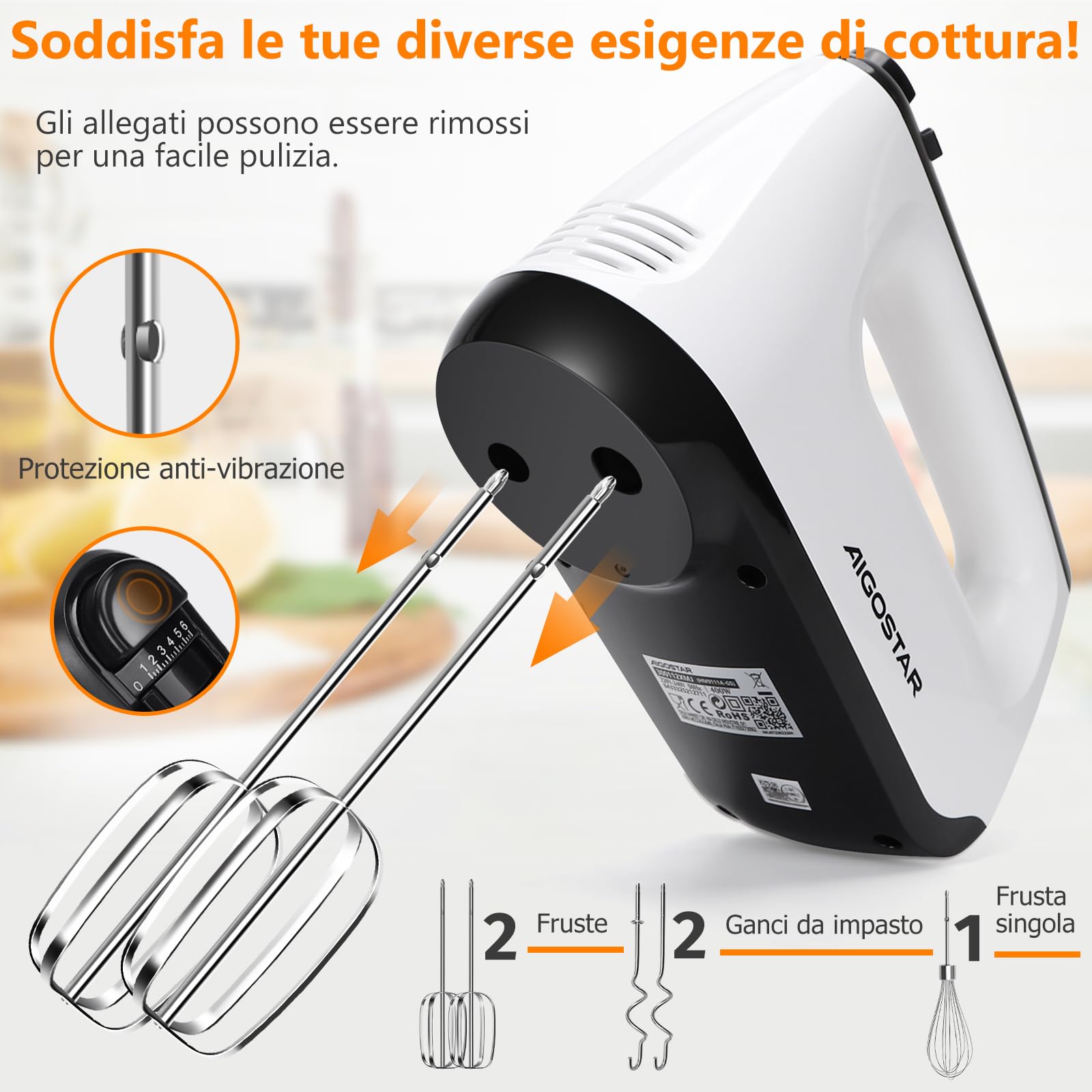 Aigostar Pudding - Sbattitore Elettrico, 6 Velocità e Turbo, Frusta Elettrica, 400W, Miscelazione Silenziosa. Dotato di 2 Fruste, 2 Ganci Impastatori, frusta e contenitore.