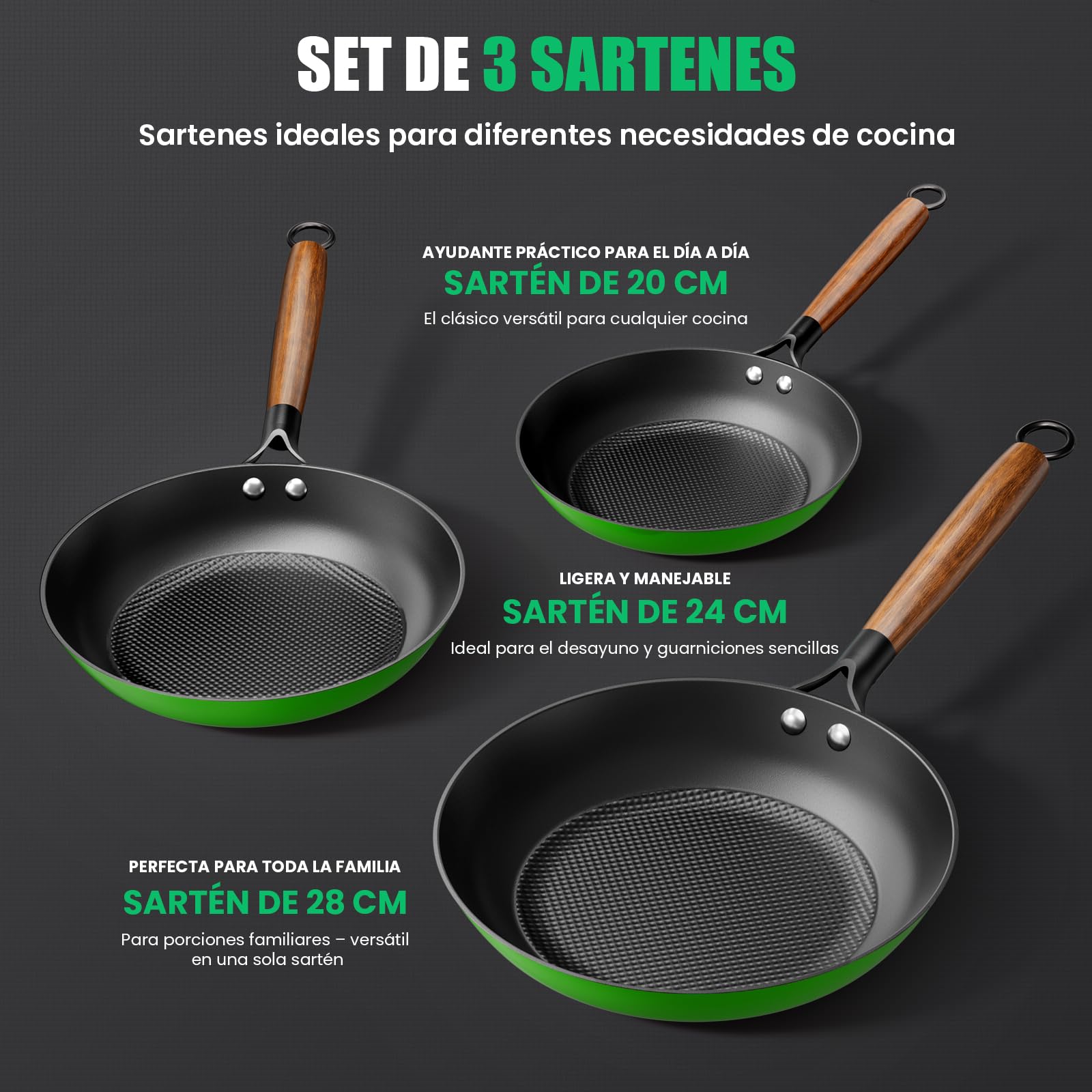 YUTANN Juego de Sartenes de Hierro Fundido Pre-sazonadas, Set de 3 Piezas, Apta para Inducción, Gas y Horno, Antiadherente Natural, Cocina Profesional | Sartenes de 20, 24 y 28 cm de diámetro, distribución uniforme del calor para inducción, gas, eléctrica
