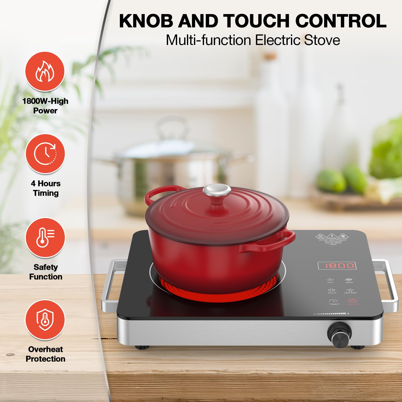 Electric Cooktop, Portable Electric Cooktop 1800W Single Burner Stove 110V with Plug, Hot Plate Countertop, Child Safety Lock, Timer, Infrared Burner,Touch and Knob Control view 3