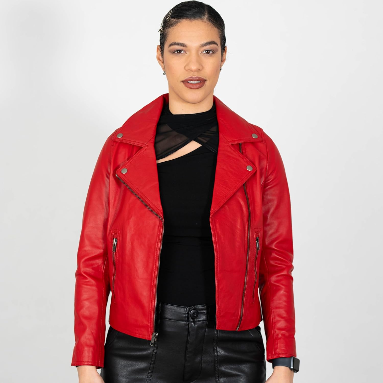 BRICK LANE Studded Collar Leather Jacket for Women | Lamb Nappa Leather | Zip Pockets, Timeless Motorcycle Jacket - Image 2