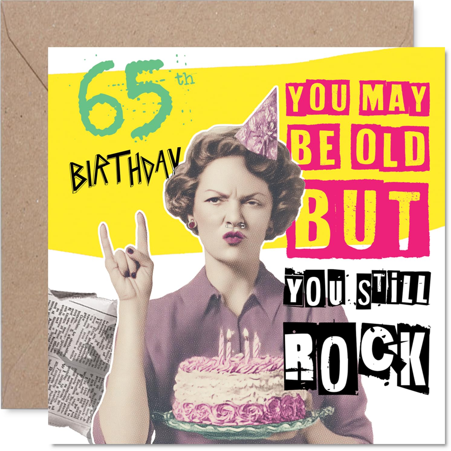 Funny 65th Birthday Card - Still Rocking at 65 - Bold Celebration Design with Playful Humour - Perfect for a Milestone Birthday Laugh - 145mm Square, Envelope Included