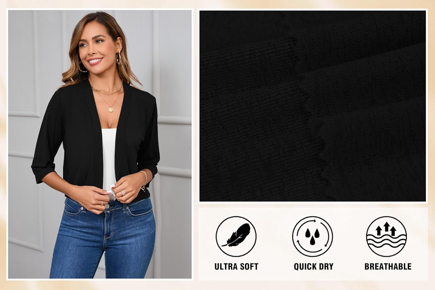 Iandroiy Women's 3/4 Sleeve Shrugs Lightweight Open Front Cropped Cardigan for Women - Image 5