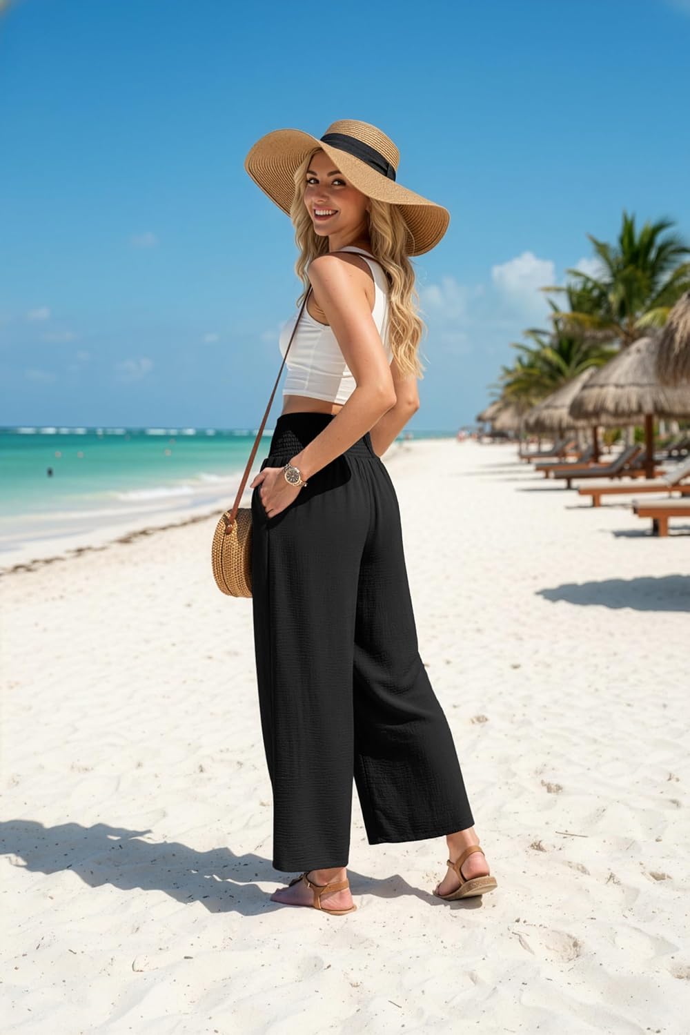 Lepunuo High Waisted Wide Leg Palazzo Pants for Women Summer Beach Vacation Lounge Trousers with Pockets 2026 Trendy - Image 2