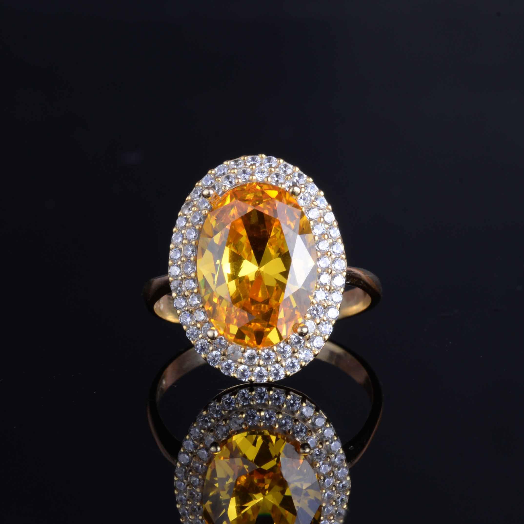 KAMBO Damen-Ring aus 925er Sterlingsilber mit erstelltem Citrin-Stein, eleganter vergoldeter Ring mit glänzendem Halo-Design, Silber, ohne Edelsteine, Silber, Kein Edelstein