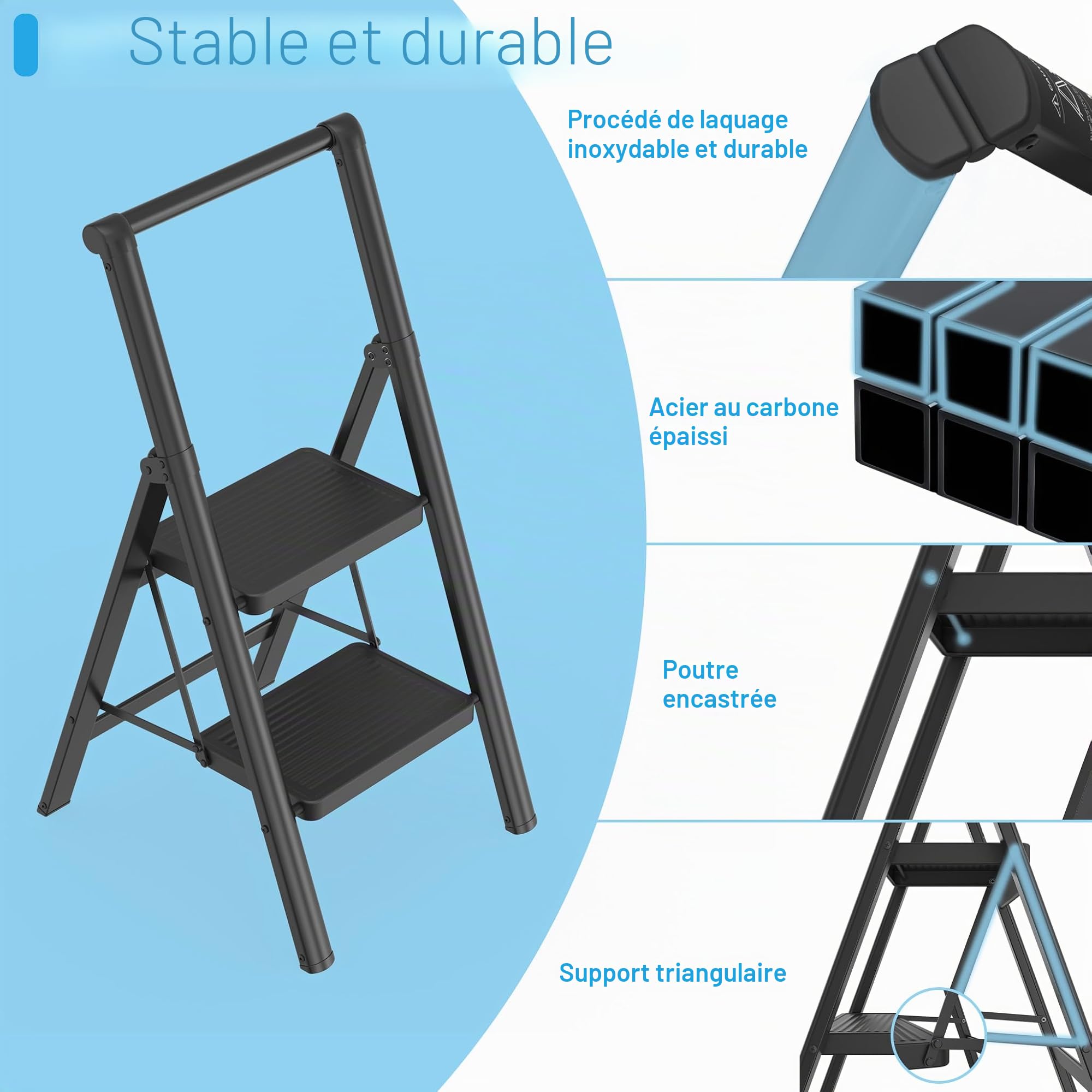 Froadp Escabeau pliable à 2 marches - Antidérapant - En fer - Multifonction - Avec main courante - Pour la maison, la cuisine et l'extérieur - Charge maximale : 250 kg