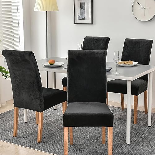 smiry - Fundas para sillas de comedor de terciopelo elástico y suave, extraíbles, Terciopelo, Negro