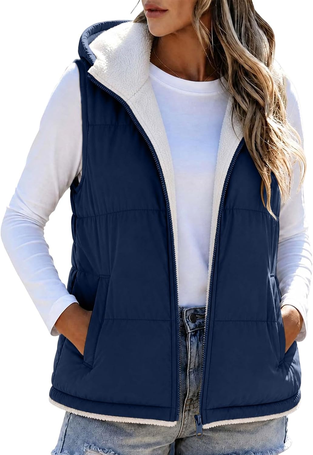 Womens Sherpa Vest Fleece Lining Puffer Vest Warm Hooded Outwear