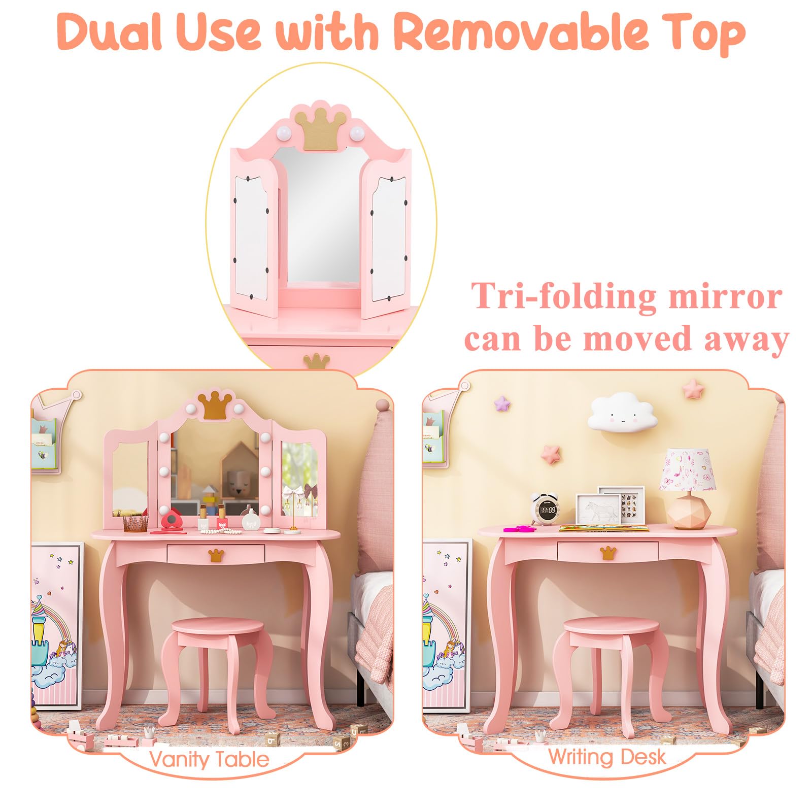 LIFEZEAL Kinderschminktisch Set, Schminktisch mit Hocker für Mädchen, Mädchenschminktisch mit LED-Licht, Tisch und Stuhl-Set mit Klappspiegel (Rosa)
