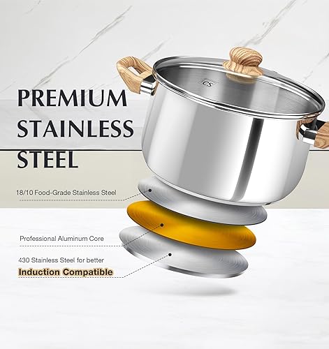 Miniatura 6 de KOCH SYSTEME CS Olla de acero inoxidable  Olla de acero inoxidable de inducción de 6 cuartos de galón con tapa para pasta, sopa, espaguetis, ollas