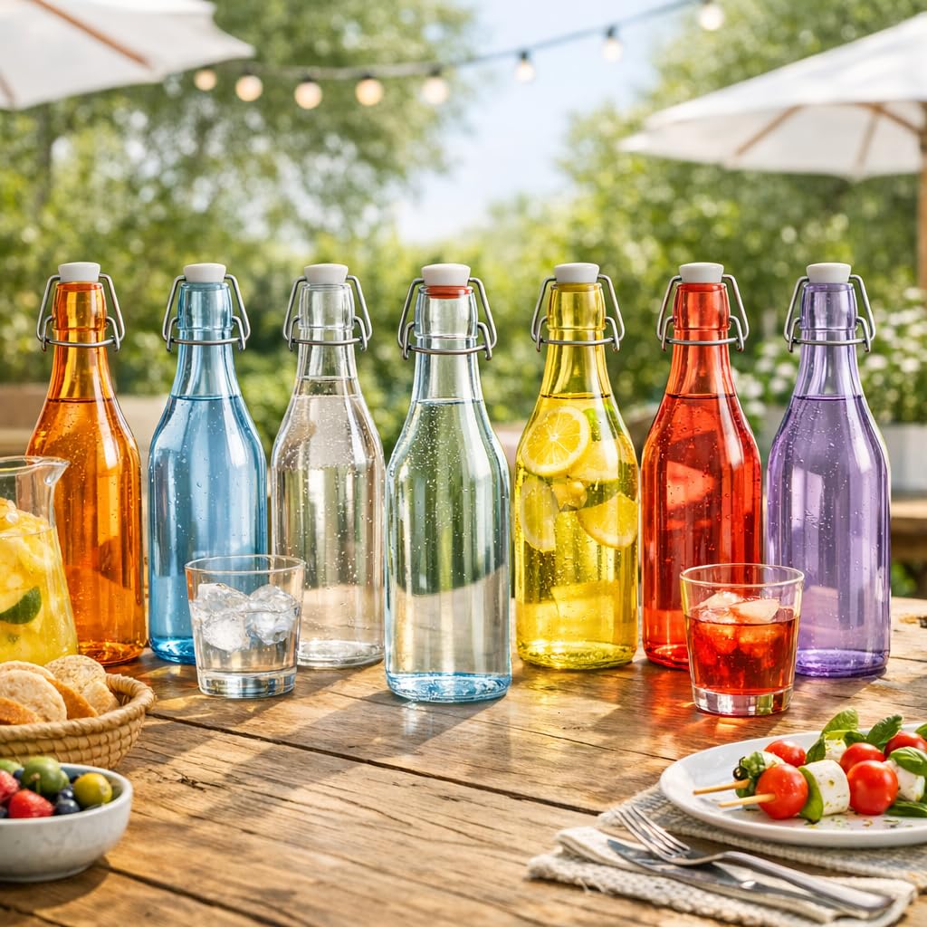Set 6 Bottiglie in Vetro Colorato 1 Litro con Tappo Ermetico Caraffe Eleganti Bicchieri Multicolore per Acqua, Smoothie, Succo di Frutta Mod. SLIGO