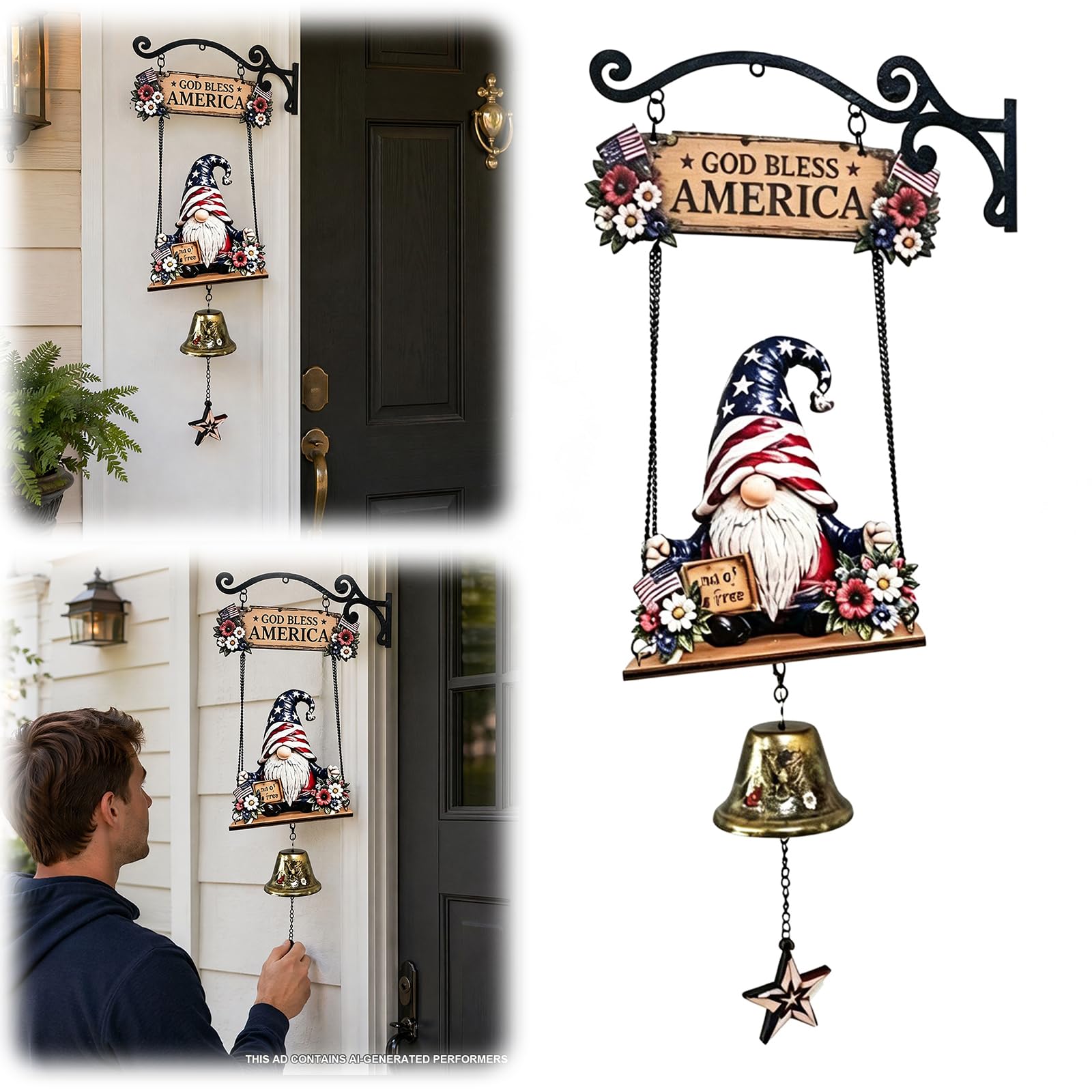 Rustic Garden Gnome Bell, Handmade Bee Sunflower Gnome Welcome Bell, Wall Mounted Hanging Doorbell for Farmhouse, Funny Decorative Bells for Front Porche Garden Fences