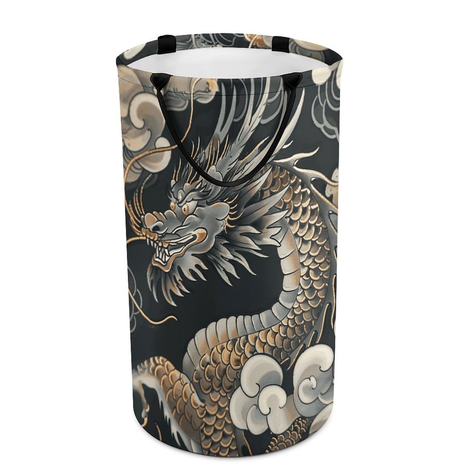 Black Oriental Dragon Laundry Basket Waterproof And Moisture-Proof Storage Bins Collapsible Round Laundry Hamper Perfect for Toys, Clothes And Sundries