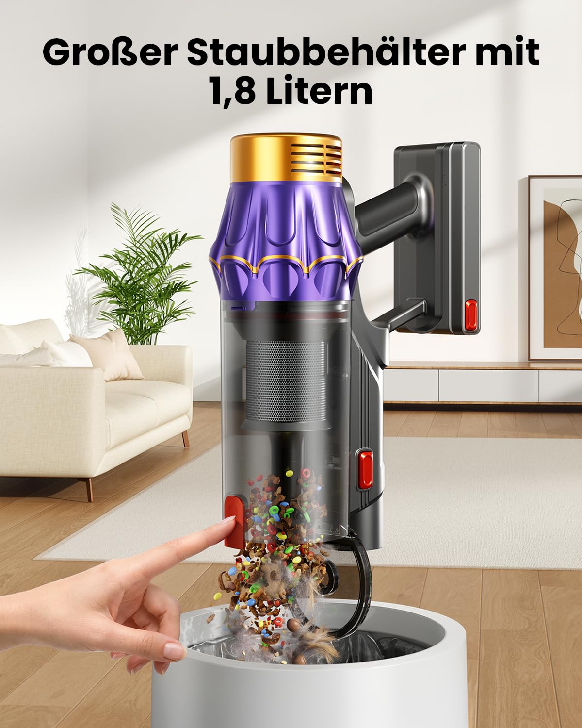 Akku Staubsauger, 50KPa/600W/70Min Staubsauger Kabellos mit Selbststehend, 1,8 L, Anti-Tangle-Bürste, 8-Schicht-Filtration, LED Display, akkustaubsauger für Tierhaare/Hartböden/Teppich (Goldfarben)