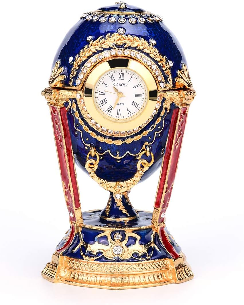 QIFU Easter Egg Replicas Series Hand Pianted Hinged Jewelry Trinket Box, Vintage Table Clock for Home Decor, Unique Gift for Family