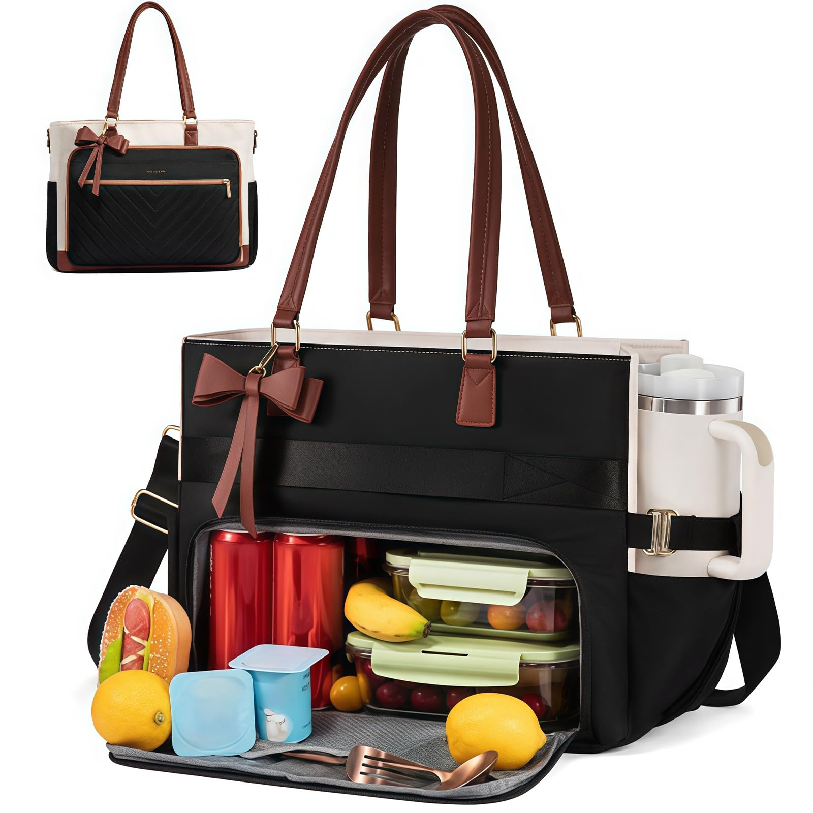 Sac Isotherme, Cabas pour Femmes avec Compartiment Repas isolé, Sac à Lunch pour Le Travail, Sac pour Ordinateur Portable 15,6 Pouces avec Porte-gobelet pour Enseignants Bureau collège