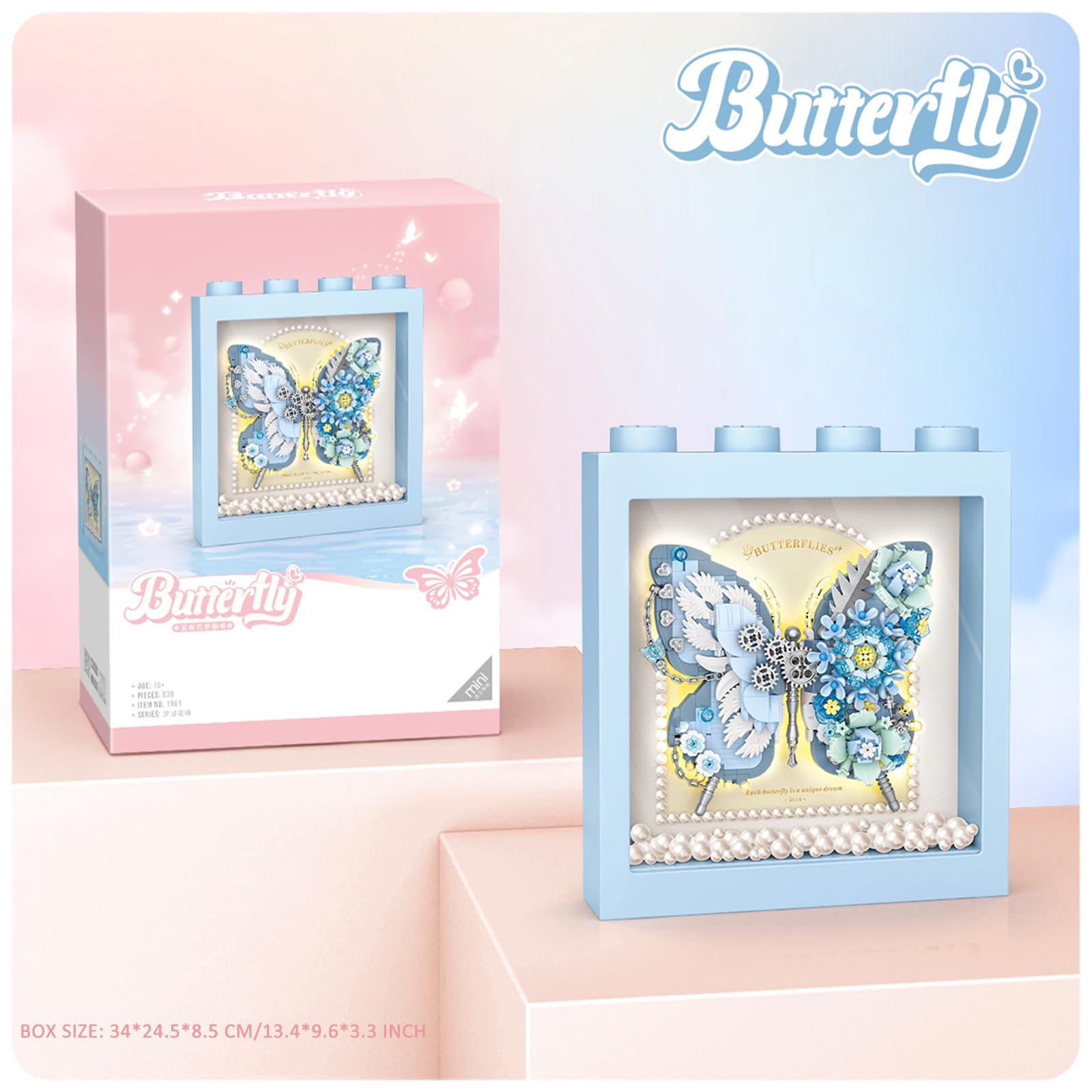 MEIEST Set di mattoncini da costruzione, motivo a farfalla, con cornice squisita, giocattolo da costruzione, decorazione per la casa (blu