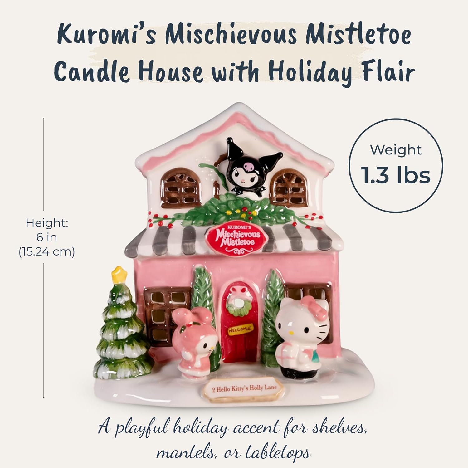 Blue Sky Clayworks Kuromi’s Mischievous Mistletoe Candle House, 5.825" L x 4.825" W x 6" H, Snowy Prankster Glow