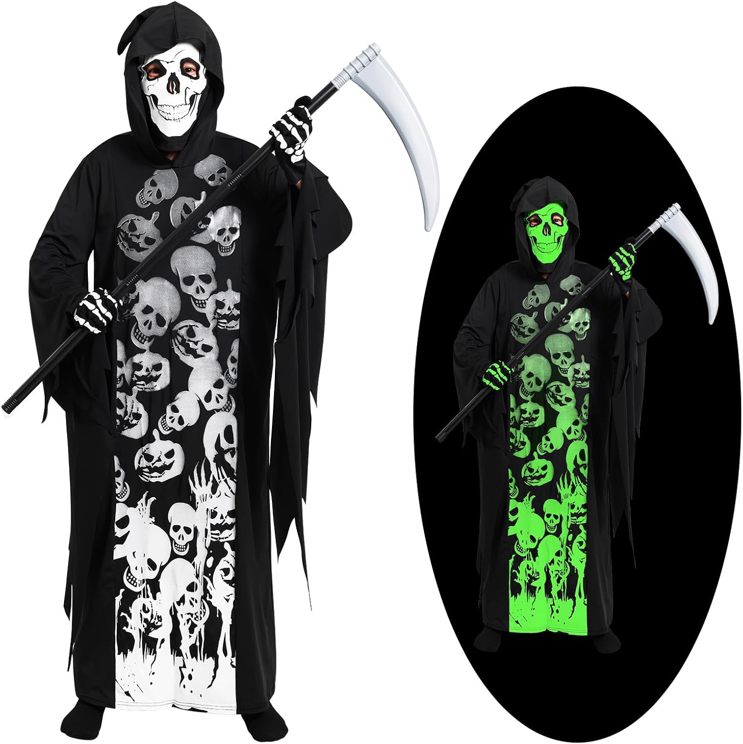 Grim Reaper Costume for Boys Glow in The Dark Halloween Gradient Glowing Robe for Kids 5-14 Years with Mask Toy Scythe