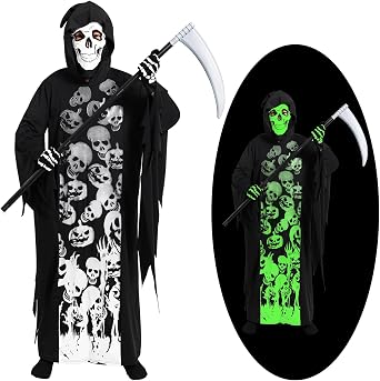 Grim Reaper Costume for Boys Glow in The Dark Halloween Gradient Glowing Robe for Kids 5-14 Years with Mask Toy Scythe