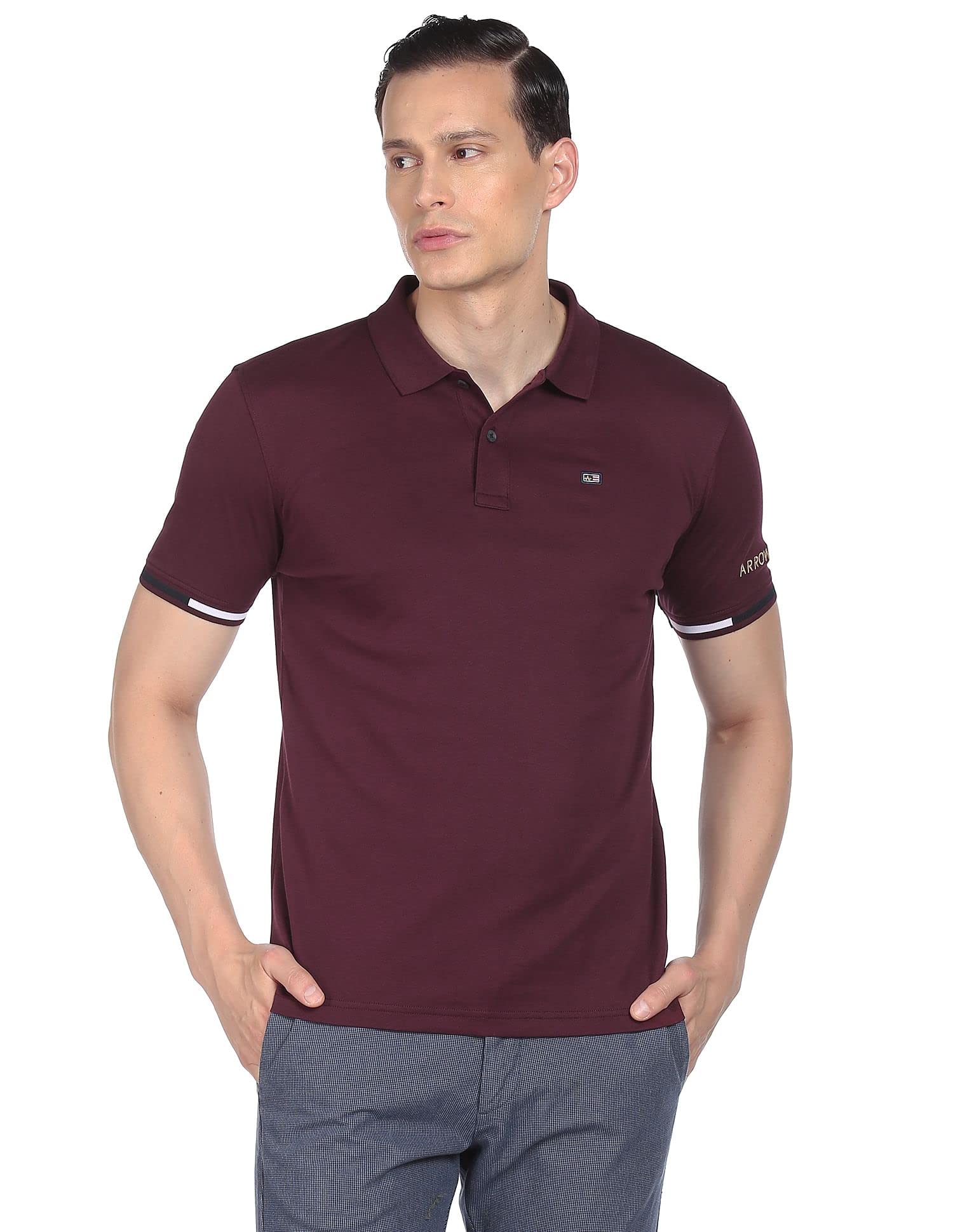ARROWMen Men Burgundy Striped Sleeve Solid Cotton Polo Shirt T-Shirt