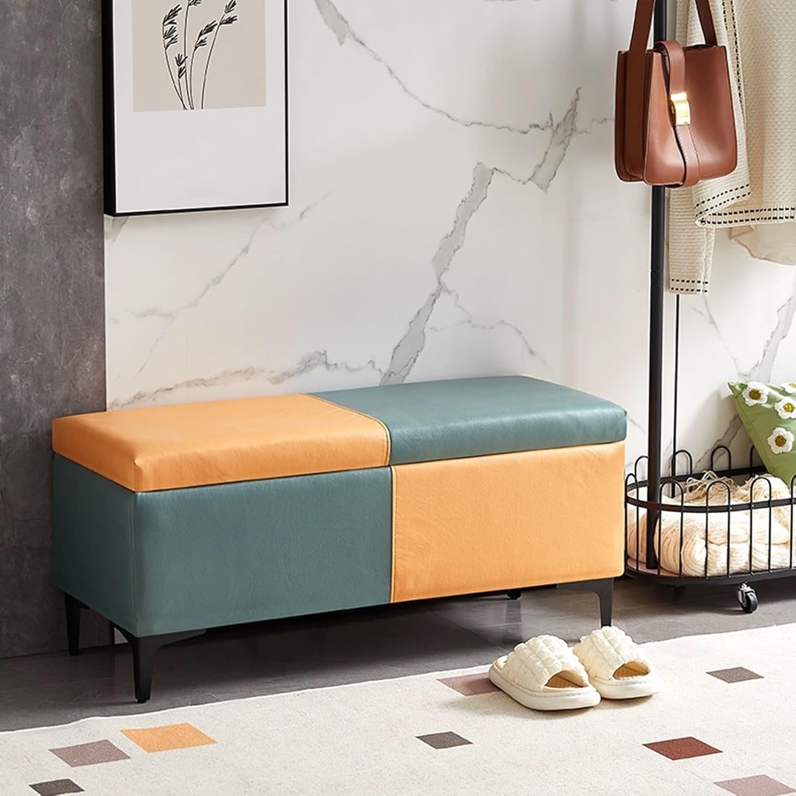 Banc de canapé pour changer de chaussures au salon ou meuble d'entrée bicolore