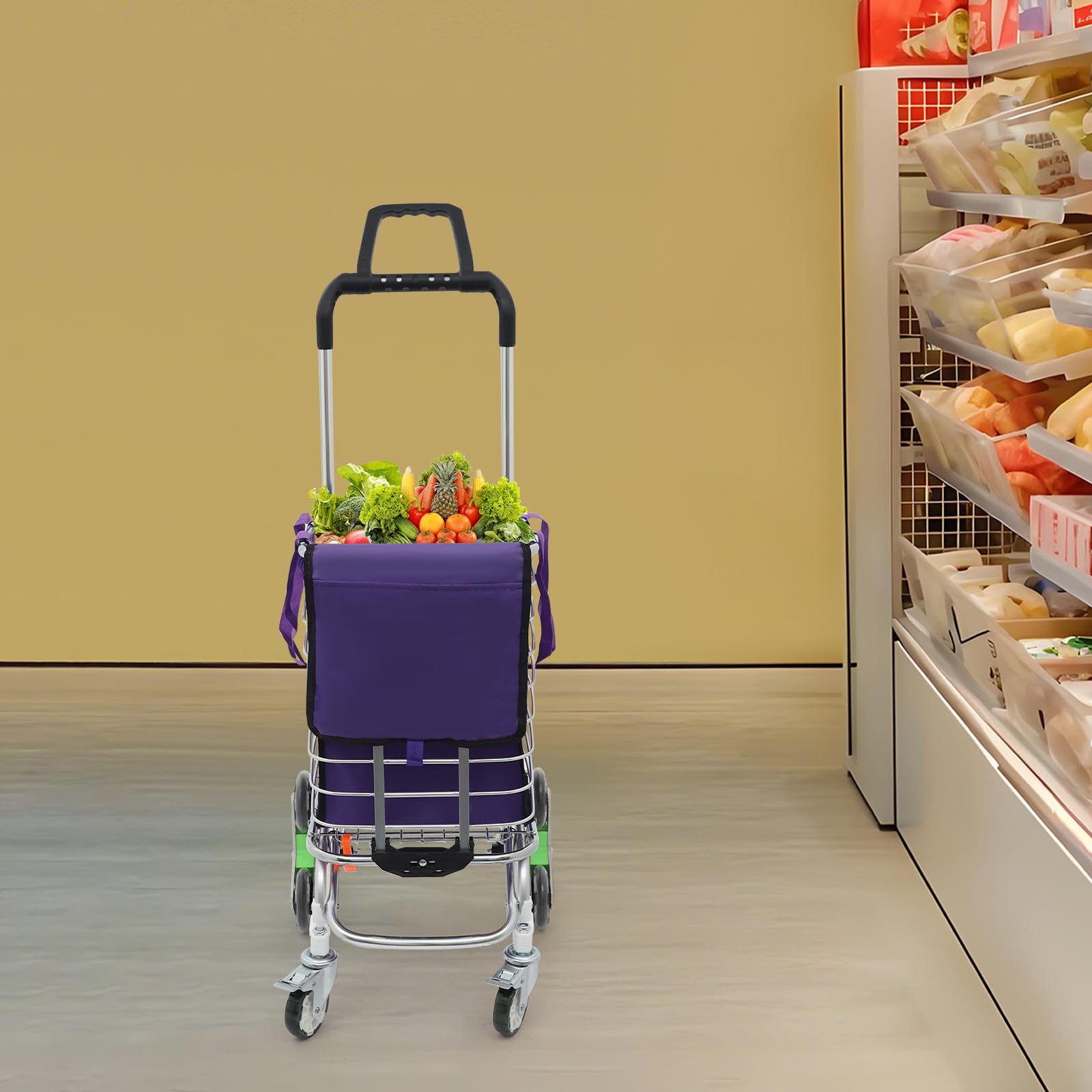 Carrito de compras plegable de 8 ruedas con bolsa, tapa, bolsa interior y correa de sujeción - Estructura de aluminio - Hasta 40 kg - Carrito de compras para supermercado y viajes