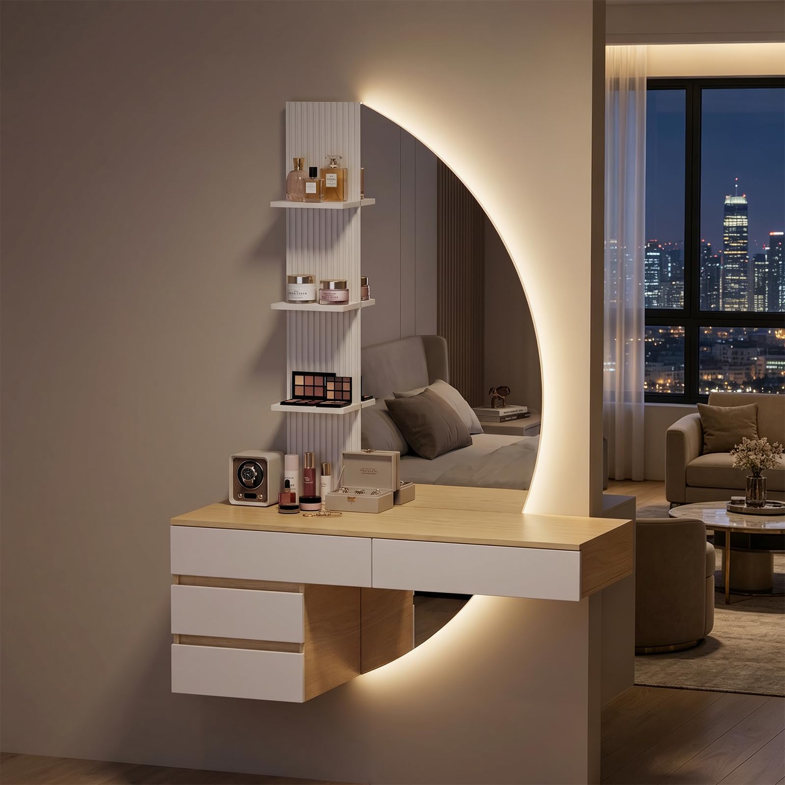 TRIUMPHKEY Tocador de Pared con Espejo en Forma de Media Luna y Luz LED Regulable, Mesa de Maquillaje Flotante con 4 Cajones y 3 Estantes, Tocador Moderno de Ahorro de Espacio para Dormitorio (Blanco)